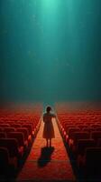 Woman standing in a dimly lit theater surrounded by rows of empty red chairs and a glowing ceiling photo