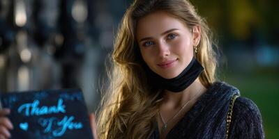 Young woman expresses gratitude with heartfelt sign during evening in a serene outdoor setting photo