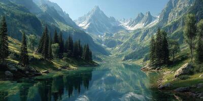 Majestic mountains reflect in serene lake under bright sky in a tranquil natural setting photo