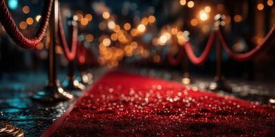 Elegant red carpet leading to a glamorous evening event with decorative lights in the background photo