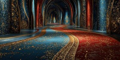 Intricate hallway adorned with colorful patterns in an ornate architectural space photo