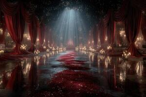 Elegant indoor setting illuminated by soft light with red drapery and rose petals creating a romantic atmosphere photo