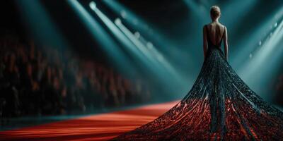 Fashion model showcases intricate gown on runway during evening event in downtown city photo
