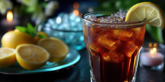 Refreshing iced tea with lemon and fresh lemons on a dark table during a calm evening glow photo