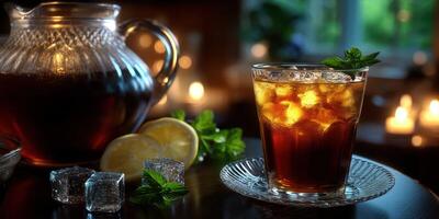Refreshing iced tea with lemon and mint served in a cozy setting with ambient lighting and a pitcher beside it photo