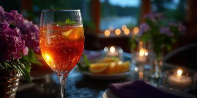 Refreshing cocktail served at dusk amidst elegant floral arrangements, perfect for an evening gathering photo