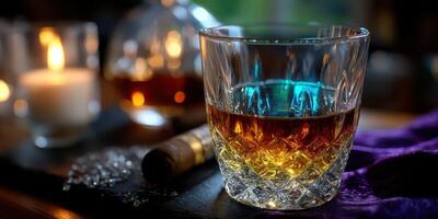 Whiskey glass filled with amber liquid sits on a wooden table beside a lit candle and cigar photo