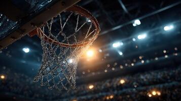 Intense basketball game in a packed arena during a night match with bright lights illuminating the court photo