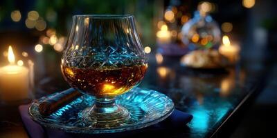 Sophisticated drink on a table with candlelight creating a warm ambiance during a cozy evening gathering photo