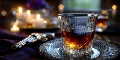 Luxury whiskey glass with gun on elegant table at night creating a mysterious atmosphere photo