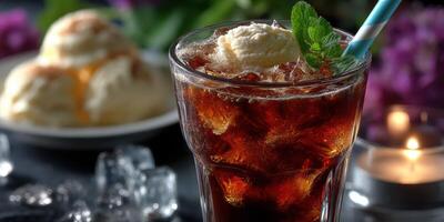 Refreshing root beer float served in a glass with dessert and candles in a cozy setting at night photo