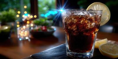 Refreshing drink with ice and lemon slice on a dark wooden surface with blurred background in a cozy setting photo