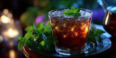 Refreshing iced drink garnished with mint leaves served on a wooden table in a cozy, dimly lit outdoor setting photo
