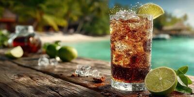 Refreshing cocktail with lime garnish on a wooden table by the beach photo