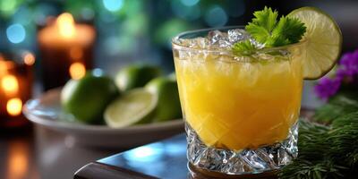Refreshing citrus cocktail garnished with lime and herbs in a cozy setting with soft lighting photo