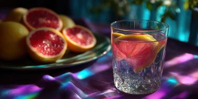 Refreshing citrus drink with grapefruit and lemon garnishes on a colorful table photo