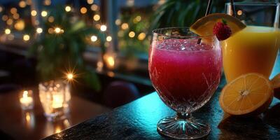 Colorful cocktails on a bar counter with ambient lighting in a cozy restaurant setting during the evening photo