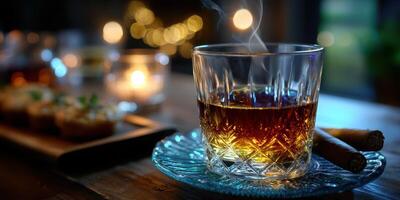Sip whiskey while enjoying a cozy evening with cigars and dim lighting in a charming lounge setting photo