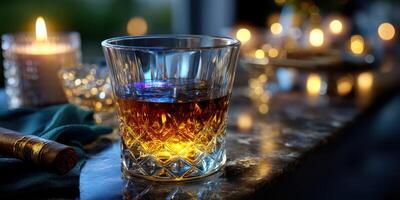 Glass of amber whiskey beside a lit candle on a marble table in a cozy setting photo