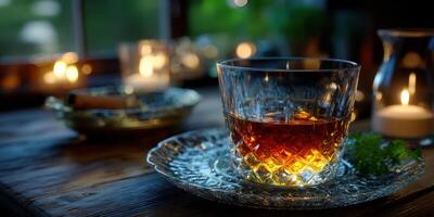 Warm evening setting with a glass of whiskey on a wooden table illuminated by candlelight photo