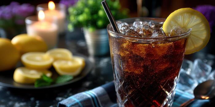 Refreshing beverage served with lemon slices and mint in a cozy setting during an evening gathering photo