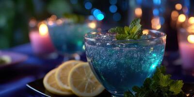 Colorful blue cocktails with mint and lemon at an evening gathering photo