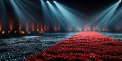 Elegant red carpet leads to a spotlighted stage for a glamorous event in a beautifully lit venue photo