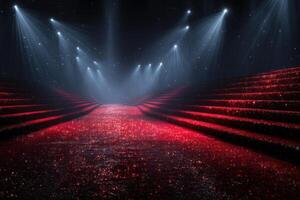 Light beams illuminate a red carpet leading through a darkened stage with glowing elements photo