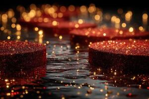 Sparkling red circles reflect on water surface creating a captivating visual display in a dark setting photo