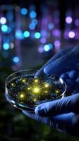 Colorful glowing bacteria culture in a petri dish during a nighttime laboratory experiment photo