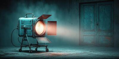 Vintage spotlight illuminating an empty room with weathered doors in a dark atmosphere during late hours photo