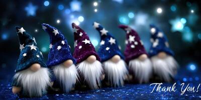 Colorful gnomes with starry hats celebrate gratitude during a festive gathering at night photo