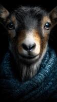 Goat wearing a cozy sweater poses for a close-up portrait in a dark setting, showcasing its unique features and friendly expression photo