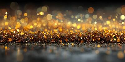 Shimmering golden glitter reflecting light on a dark background creates a festive atmosphere for celebrations and events photo