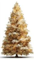 Sparkling golden Christmas tree adorned with lights in a festive winter setting photo