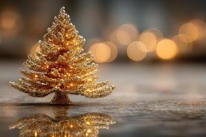 Golden Christmas tree decoration shining brightly with warm lights and reflection on a smooth surface during the holiday season photo