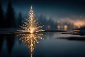 Christmas tree illuminated by twinkling lights reflecting on a calm water surface at night in a serene winter landscape photo