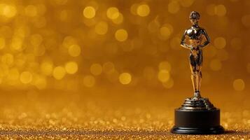 Golden trophy stands elegantly against a shimmering golden background during an awards ceremony in the evening photo