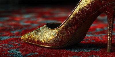 Elegant golden high heel placed on a richly patterned red carpet showcasing intricate design details in dim lighting photo
