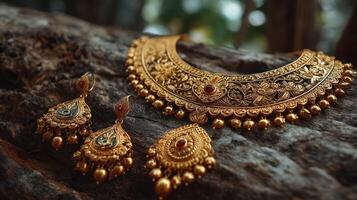 Intricately designed golden necklace and earrings displayed on rustic wooden surface in natural light setting photo