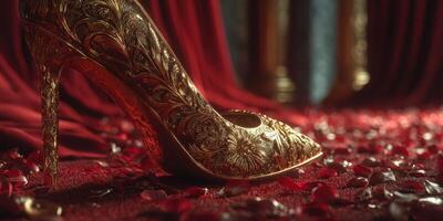 Intricate golden high heel shoe placed on luxurious red fabric with rose petals photo