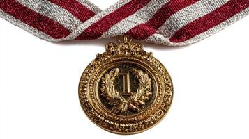 Gold medal with red and silver ribbon showcasing first place achievement in sports or competition photo