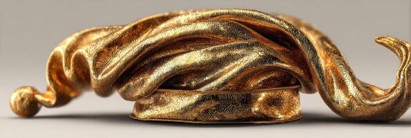Golden fabric draped elegantly, showcasing intricate textures and luxurious sheen in a minimalist setting photo
