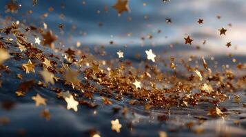 Golden stars shimmering on water surface during twilight, creating a magical atmosphere and reflecting light photo