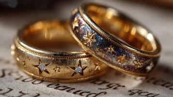 Elegant wedding rings with detailed star patterns and diamonds displayed on textured paper background sitting together in soft light photo