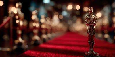 Golden statuette stands prominently on red carpet at prestigious awards ceremony in elegant venue filled with soft lighting photo