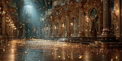 Elegant palace interior filled with sparkling light effects during a magical evening gathering in a grand hall photo