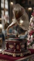 Elegant vintage gramophone displayed in a luxurious parlor with ornate decor and festive decorations during a holiday gathering photo
