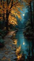 Majestic autumn evening by the tranquil river under a full moon in a serene forest photo