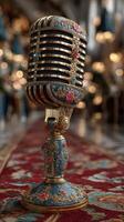 Vintage ornate microphone resting on a richly patterned carpet in an elegant room illuminated by soft lights photo